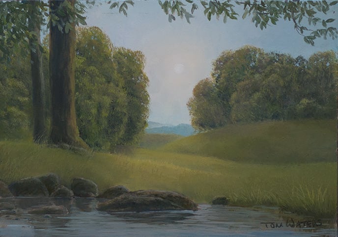 Morning Meditation by Thomas Waters  Image: Morning Meditation. Clam dawn scene overlooking the edge of a pond and fields.