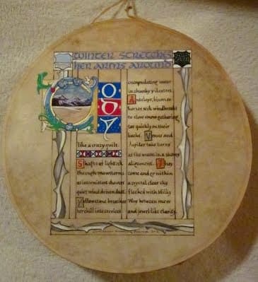 Ode to Cody by Cate Crawford by Cate Crawford and Wilson Crawford  Image: Calligraphic inscription on handmade drum