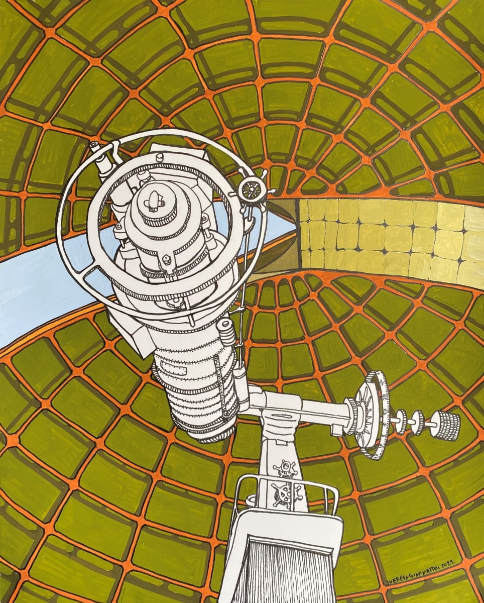 We Gaze into the Same Sky  Image: This piece, depicting the large telescope at Lick Observatory on Mt. Hamilton, CA speaks of how when we zoom out, we are all looking upwards at the same thing, though with different perspectives.