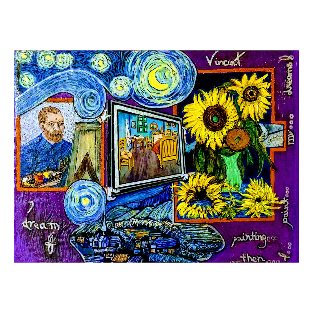 Van Gogh's Journey by Studio Tremblay  Image: Without planning, this painting was allowed to evolve from a dark backdrop that needed some vibrancy to an artist’s biography from color palette, to canvas, to daily life, to illness, to loss and onwards to a very valuable signature.
