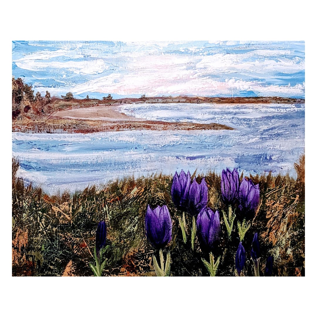Crocus Picnic by Studio Tremblay  Image: Acrylic with pallet knife texture applied throughout.  Even a crocus enjoys a nice day at the beach.  Join the picnic.....