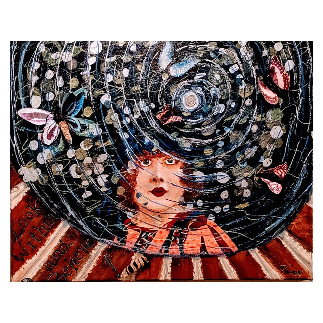 Look Within and Believe by Studio Tremblay  Image: An evolving painting beginning with subject and integrating background to develop the story and movement around the subject.

What you see before you is the reflection of a lady looking into a wishing well, overlaid with, 3D butterflies and a 3D caterpillar on the side, a dime lays at the center of the rippling water and the words "Look Within and Believe" are etched into the cement ledge.