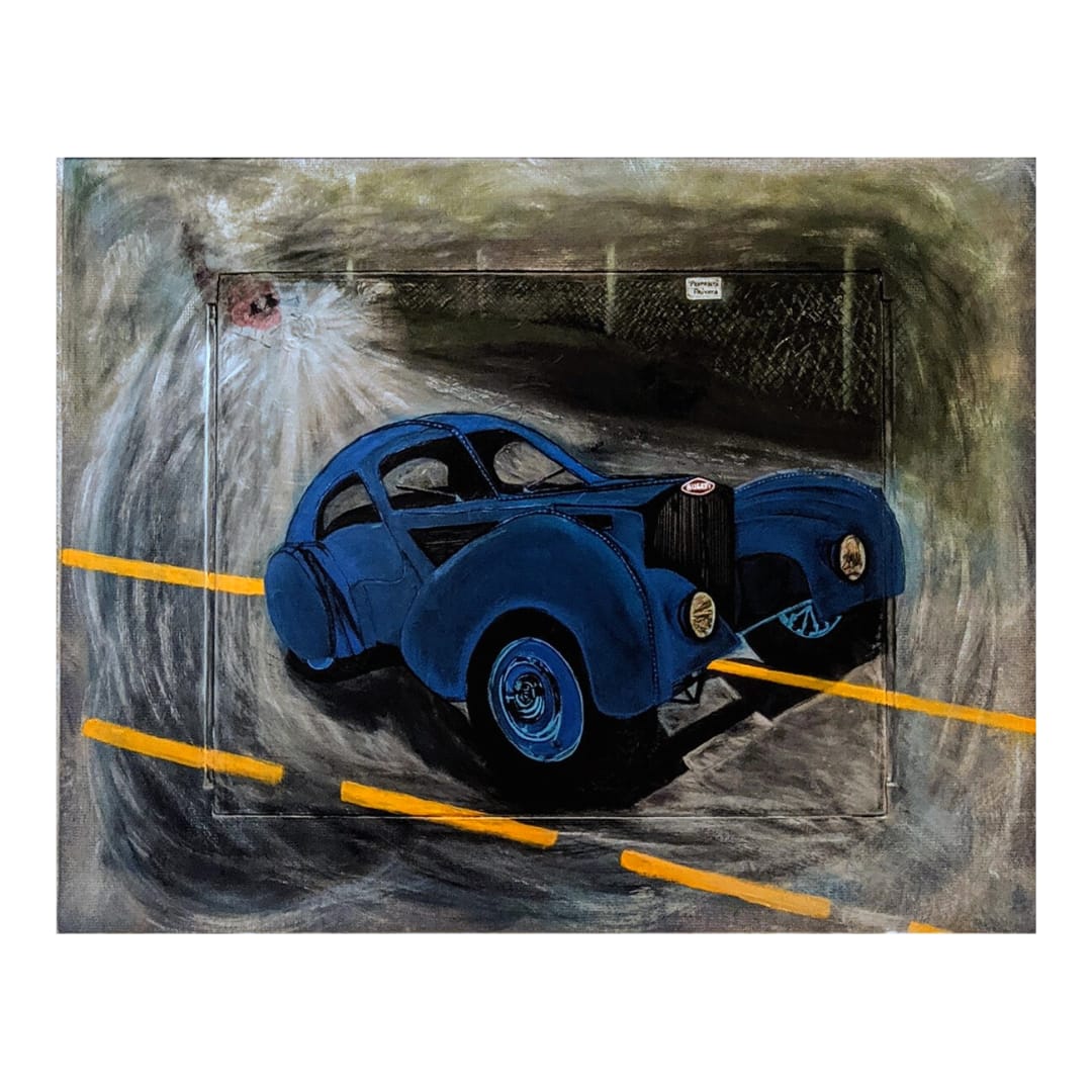 Bugatti Type 57SC Atlantic - 1936  Image: An evolving painting with background painted first, then a Bugatti integrated, evoking the story of the stolen design and its eventual return to Italy.  When viewed, up close and real, you can see the escape route of the perpetrator. Man cave approved!