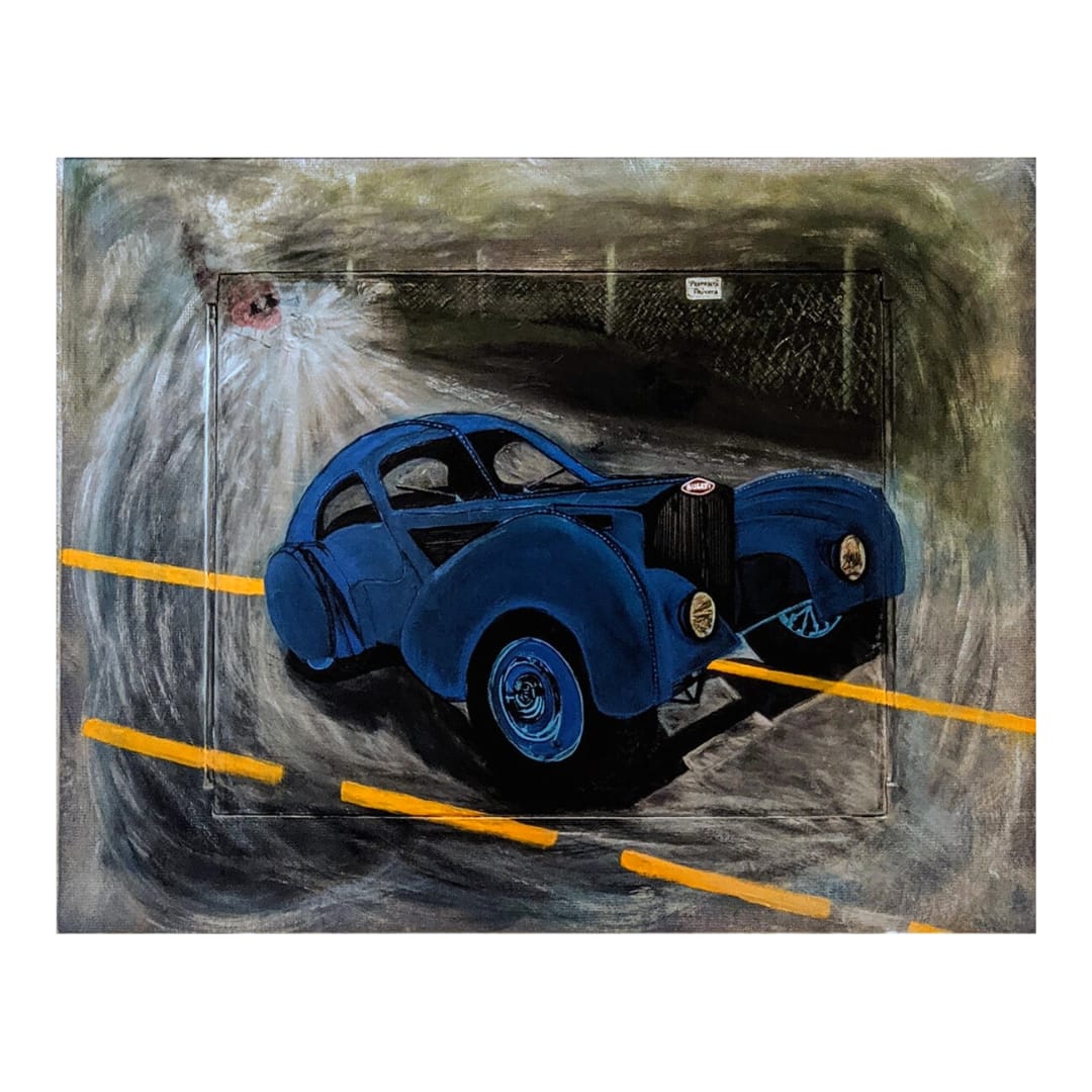 Bugatti Type 57SC Atlantic - 1936 by Studio Tremblay  Image: An evolving painting with background painted first, then a Bugatti integrated, evoking the story of the stolen design and its eventual return to Italy.  When viewed, up close and real, you can see the escape route of the perpetrator. Man cave approved!