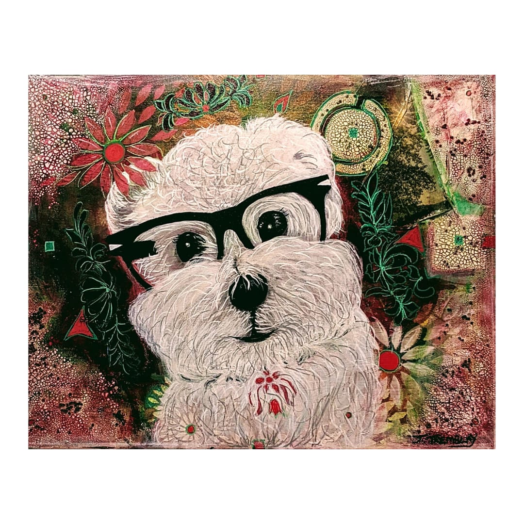 Hipster Pup  Image: Mixed Media Painting - 16H X 20W X .75D  An evolving painting with background first and subject integrated later.  

He went to a good home where I am told he deeply resembles the man of the house who has curly white hair and wears the same kind of glasses.

Collector Comment:

We love the picture and it is hanging up. It makes us feel good and happy every time we look at it. Enjoy the heat and stay safe. 
Janet
