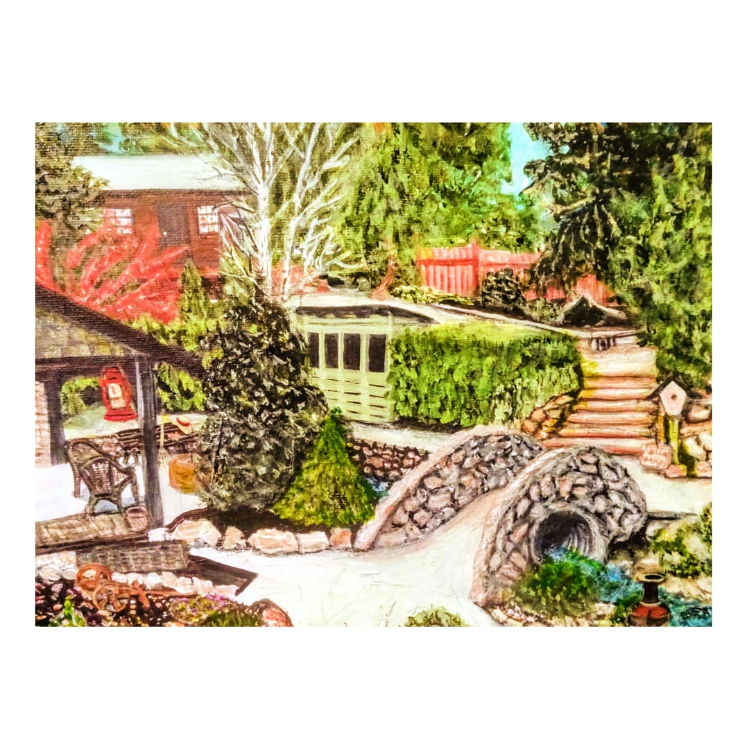 Carla's Yard by Studio Tremblay  Image: COLLECTER COMMENTS:

The depth, detail and accuracy of this painting is a great reminder during the winter months of what we have to look forward to next summer.

Carla