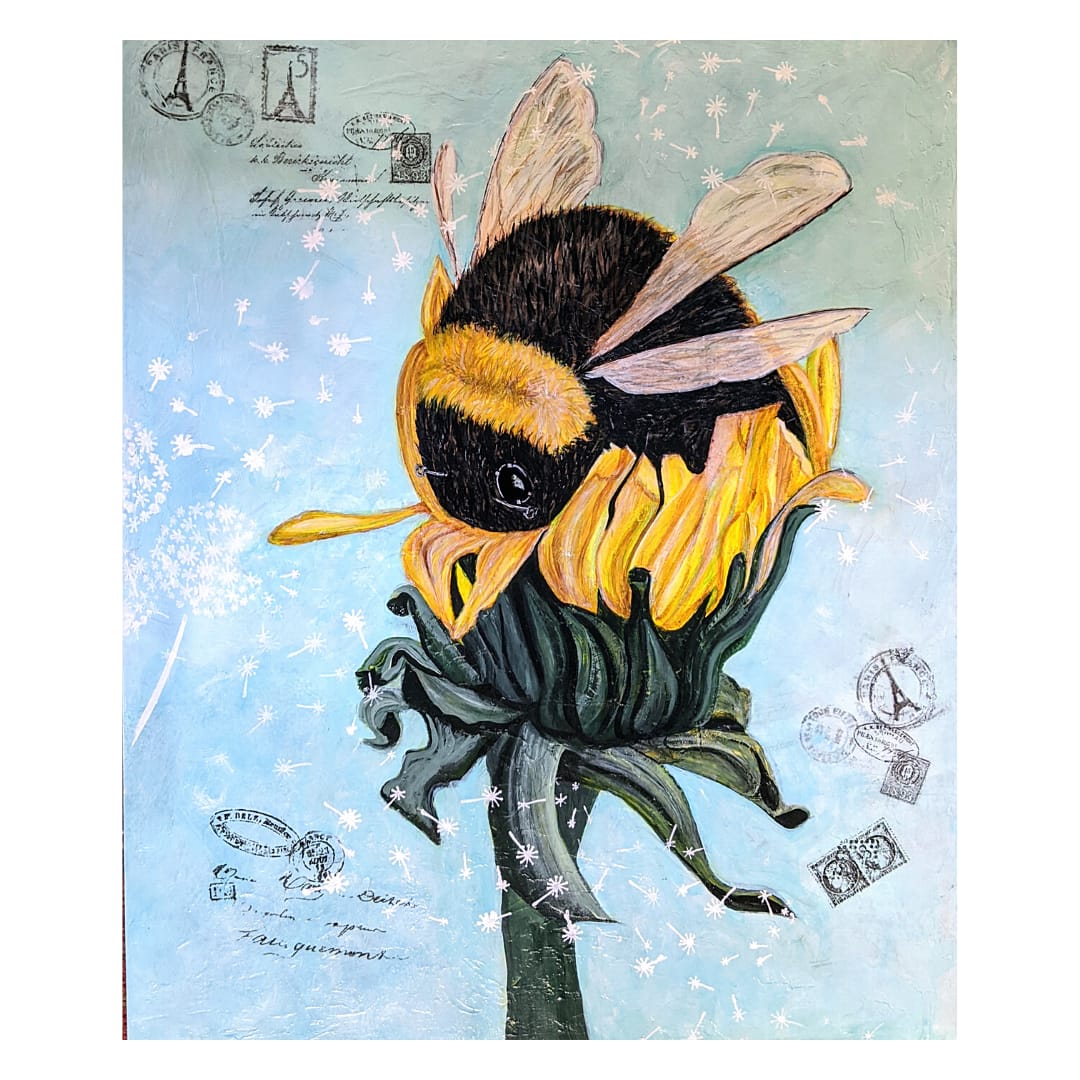 Dandelion Bee  Image: 30H X 22W Cradled board, Acrylic and texture paste.  Varnished and waxed for outdoor showing.

I've painted this bee 3 times now mostly keeping the bee and dandelion the same but changing up the background.  One version looks out over my garden, another version is displayed in a beautiful yard with a bridge which is part of the Carla’s Yard painting.  The final version is "The Newbee"

COLLECTOR COMMENT:

My husband really loved his gift so it'll be going up in our outdoor eating area. The bright background, realistic detailing and the texture really add a lifelike quality to the painting.

Carla