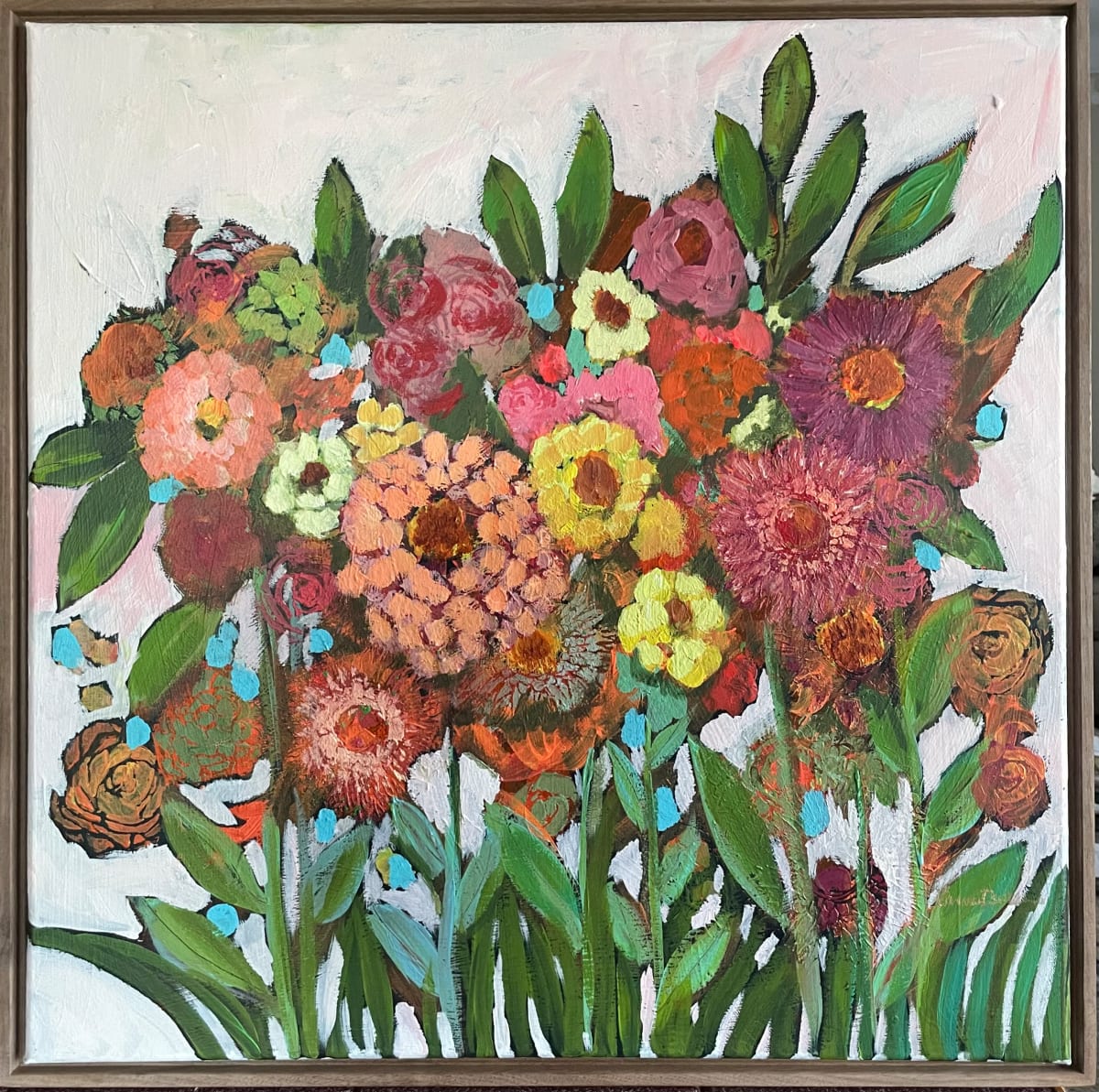 Weekend Getaway by Carmen Duran  Image: Acrylic floral painting  with glass beads. 
24x24 inch canvas, floater frame in walnut wood. Total 25x25x1.5 inches  