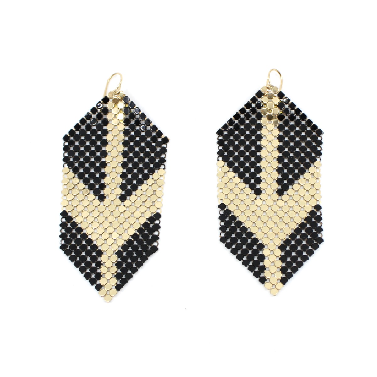 DECO GLAM ARROW EARRINGS by Maral Rapp  Image: Mod, geometric, panel earrings inset with bold, directional graphic. Hand-pieced of black and gold mesh from two vintage purses