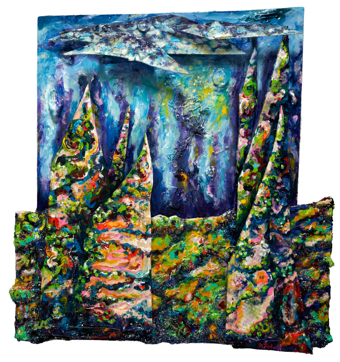 Prophetic Mountain by Dawn Petrill  Image: Prophetic Mountain- Acrylic and Mixed Medium on Wood Panels- 15” x 17” x 2”