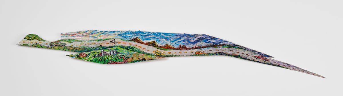 Road Trip by Dawn Petrill  Image: Road Trip- 5.5" x 48" x 2"- Acrylic and Mixed Media on Masonite