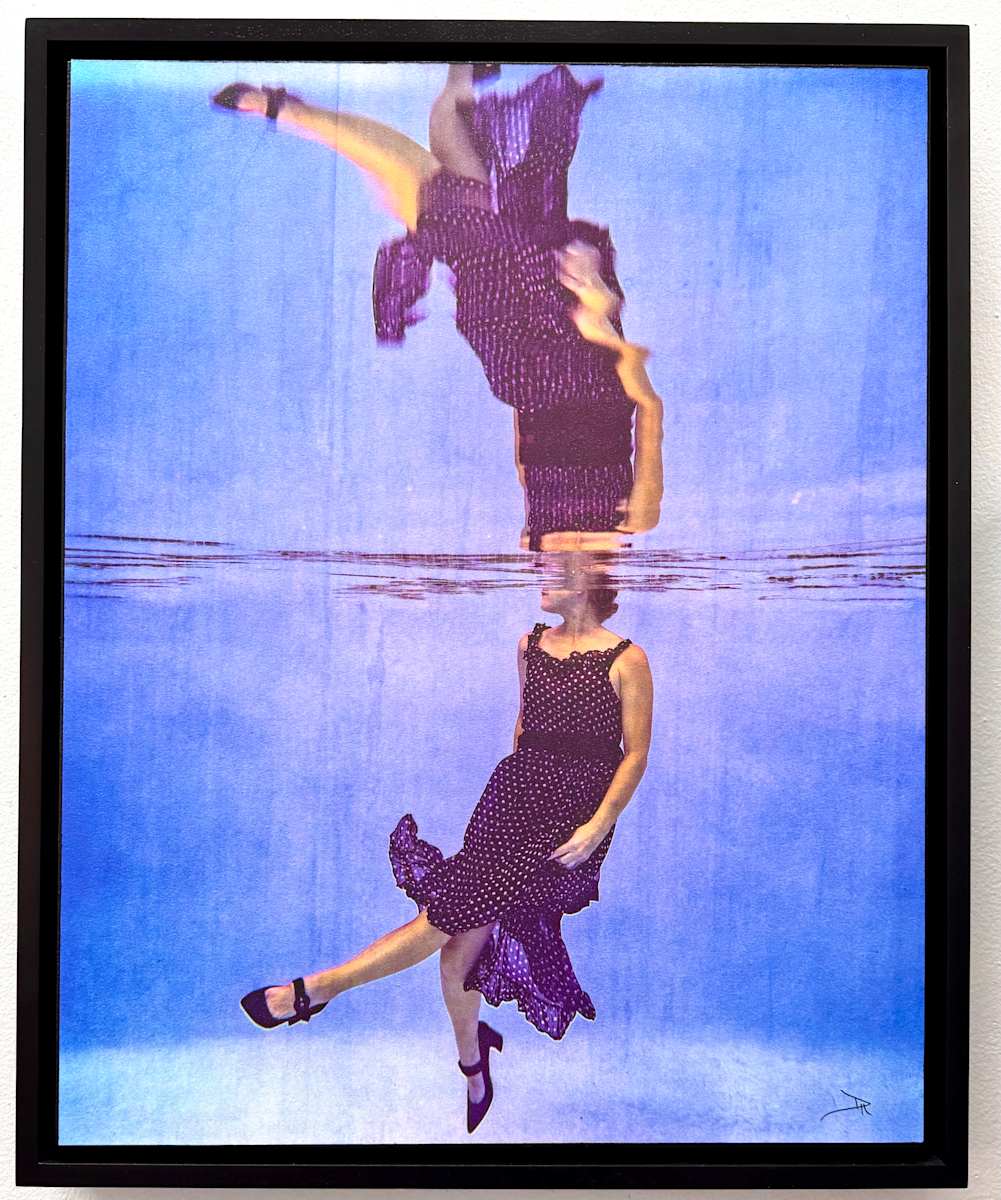 Dance by Dawn Harmer  Image: Fine art photograph on wood panel with multiple layers of acrylic resin.
Presented in a black wood float frame.
From the series, The Space Between.  A collection of conceptual underwater portraits