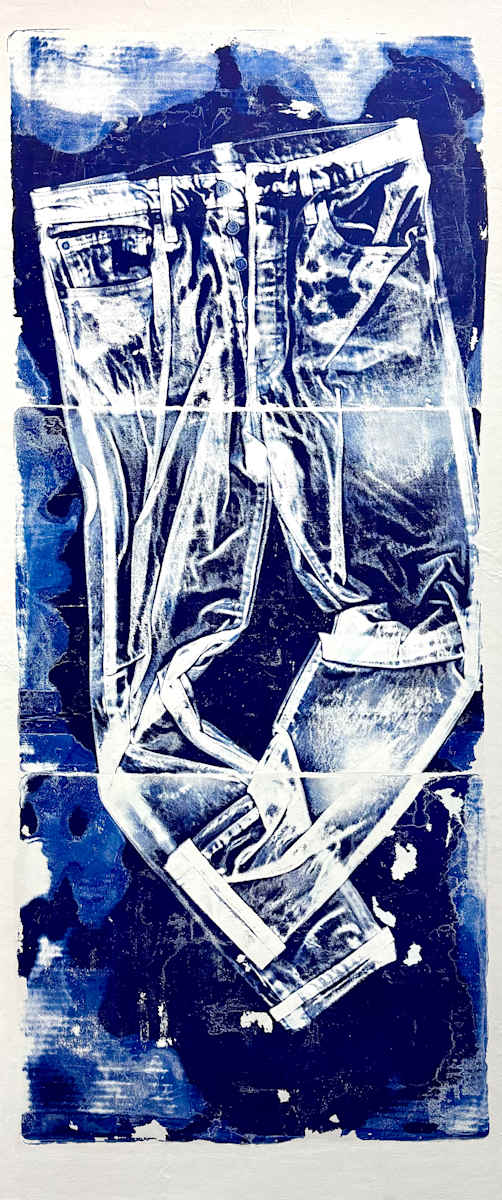 Favorite Pair #2 by Dawn Harmer  Image: Life size acrylic on wood panel of pre-loved faded blue jeans