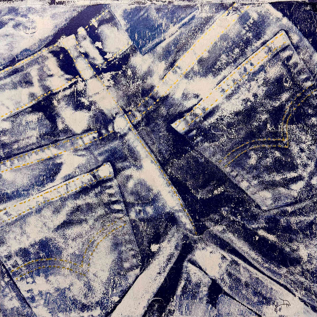 Faded Blues #1 by Dawn Harmer  Image: Denim bum print with yellow thread highlights on wood panel