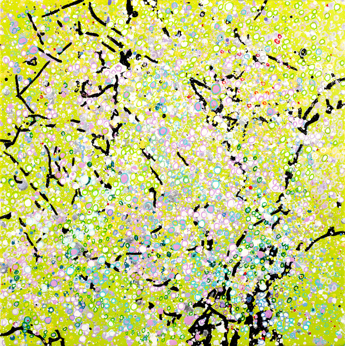 Almond Tree - Nice  Image: "Almond Tree - Nice", 18 inches x 18 inches, oil, metallic paint, and acrylic markers on canvas, © 2022 Leslie Parke