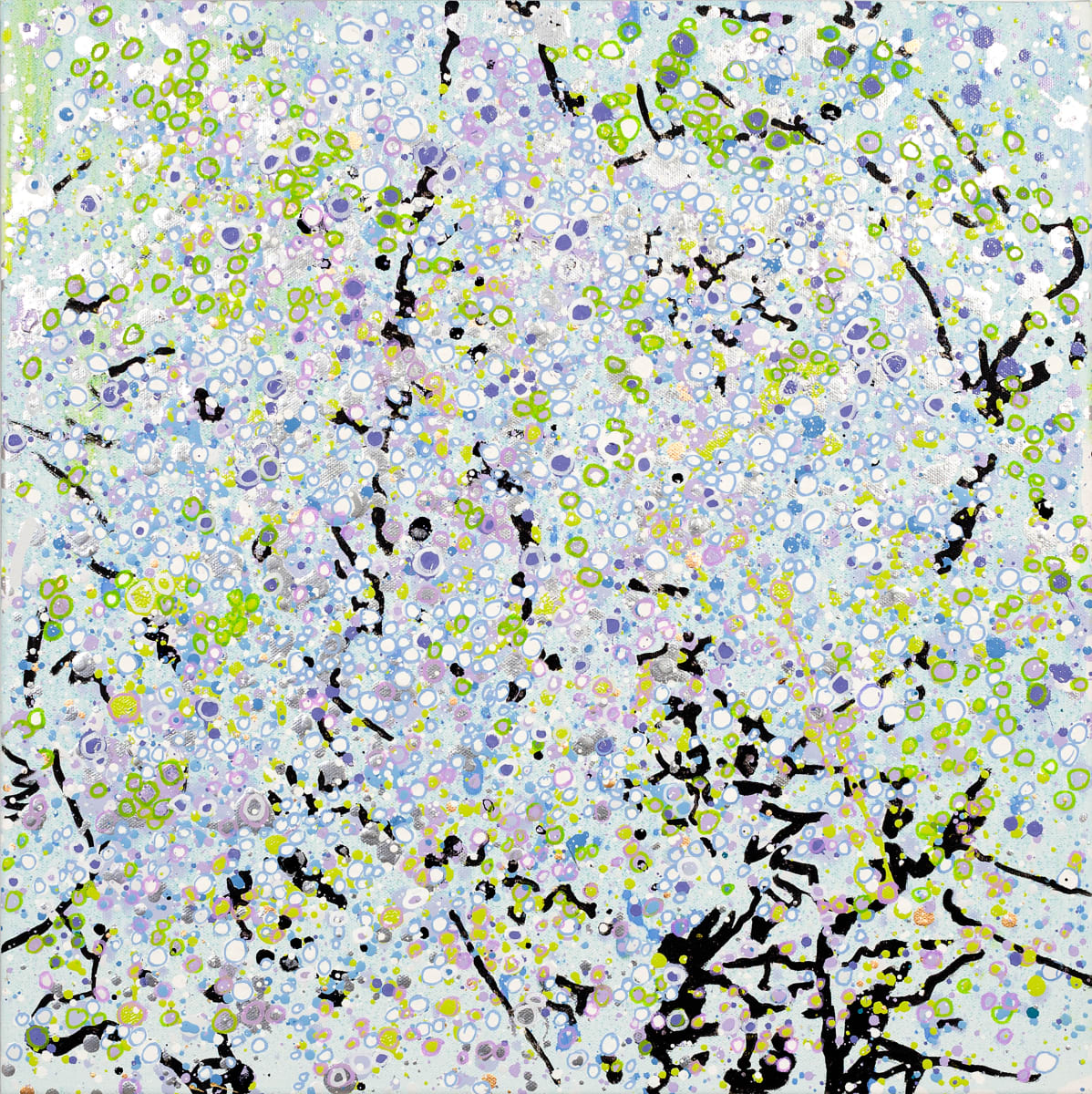 Almond Tree - Opio by Leslie Parke  Image: "Almond Tree - Opio", 18 inches x 18 inches, oil, metallic paint, and acrylic markers on canvas, © 2022 Leslie Parke