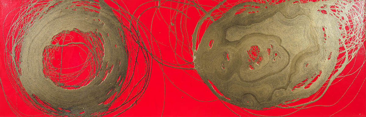 FALLING, FALLING by Leslie Parke  Image: "Falling, Falling," 30 inches x 74 inches, oil paint and acrylic markers on canvas, © 2025 Leslie Parke