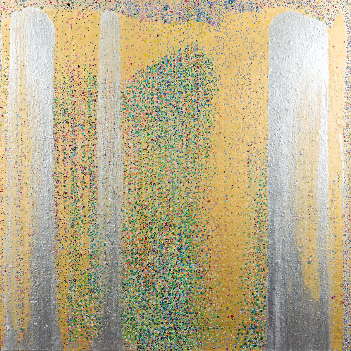 FAR SIGNALS by Leslie Parke  Image: "Far Signals,' 48 inches x 48 inches, oil paint and metallic marker on canvas, ©2024 Leslie Parke