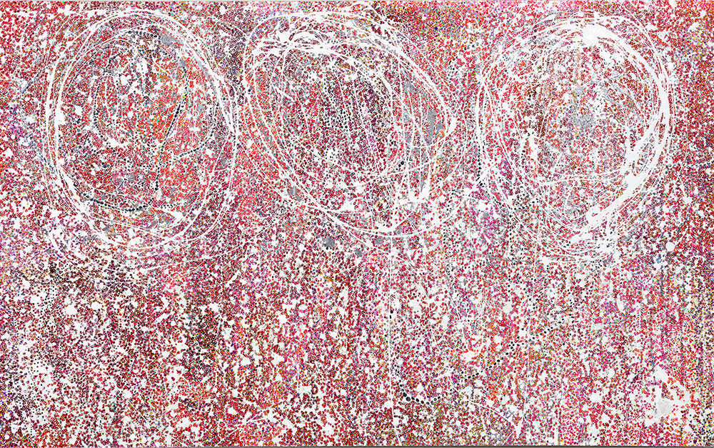 First Ask by Leslie Parke  Image: "First Ask," 42 inches x 68.25 inches, oil, metallic paint, highway glass and acrylic maker on canvas, © 2023 Leslie Parke