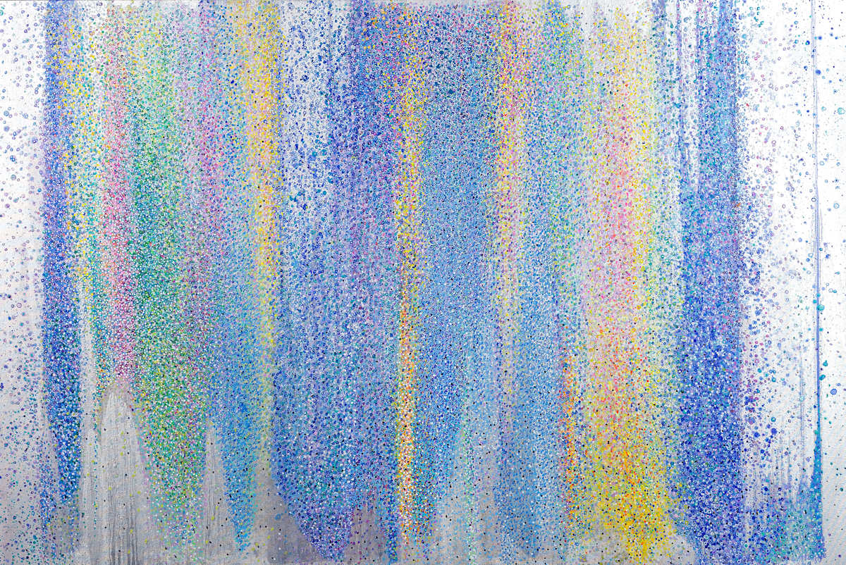 LIGHTNING PATH by Leslie Parke  Image: "Lightning Path," 48 inches x 72 inches,  oil and metallic paint and acylic marker on canvas, © 2023 Leslie Parke