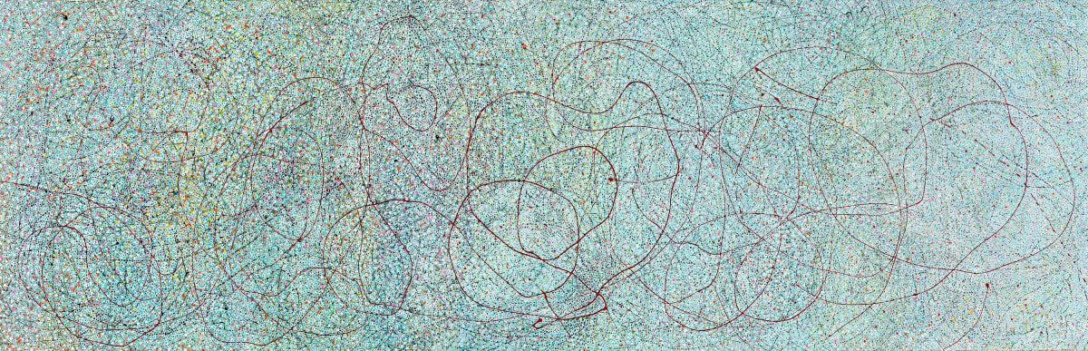 THE PIANO NOTE by Leslie Parke  Image: "The Piano Note,"   24 inches x 74 inches, oil, metallic paint, and acrylic marker on canvas,
 ©2023 Leslie Parke