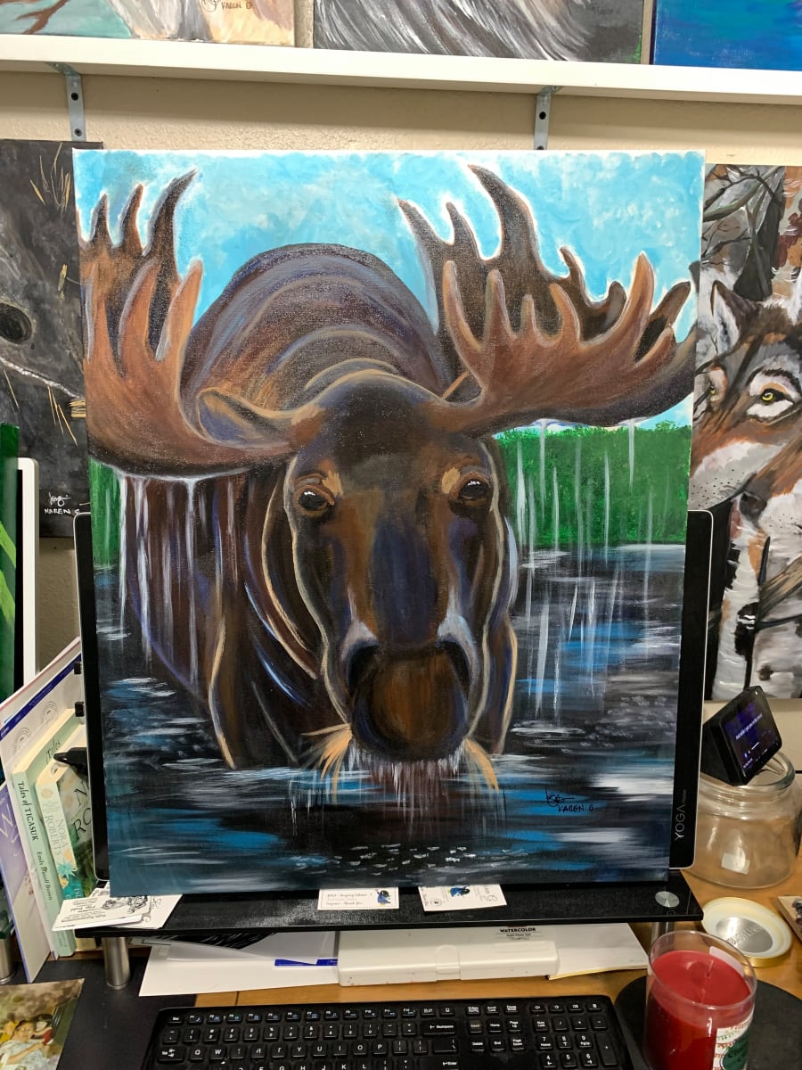 ORIGINAL Moose in Marsh by Karen G, Inupiaq Artist, Image 1.
