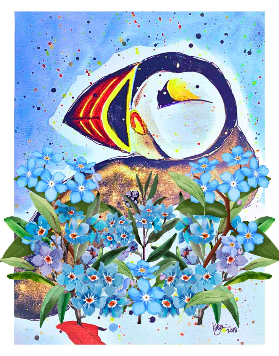 "Puffins & Forget Me Nots" by Karen  (Eben) Garcia 