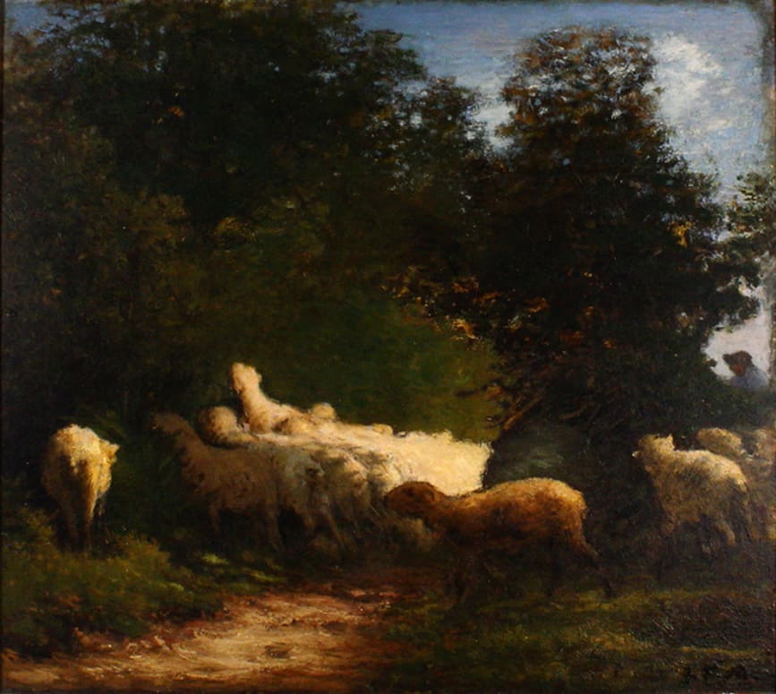 Sheep Grazing at a Hedgerow by Jean-Francois Millet 