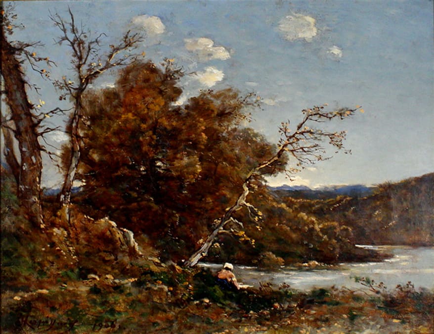 Autumn Landscape with Washerwoman at the River by Henri-Joseph Harpignies 