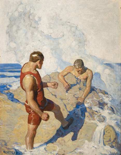 New Story Magazine, cover illustration, Beach Scene, Two Men Fighting by N.C. Wyeth 