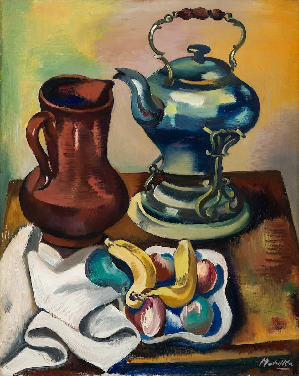 Arrangement with Kettle, Pitcher and Fruit by Jan Matulka, Image 1.