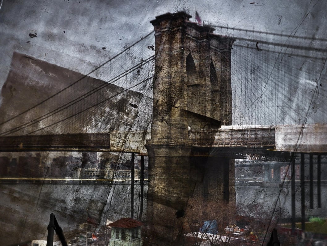 Tent–Camera Image on Ground: Rooftop View of the Brooklyn Bridge–Brooklyn Side by Abelardo Morell 