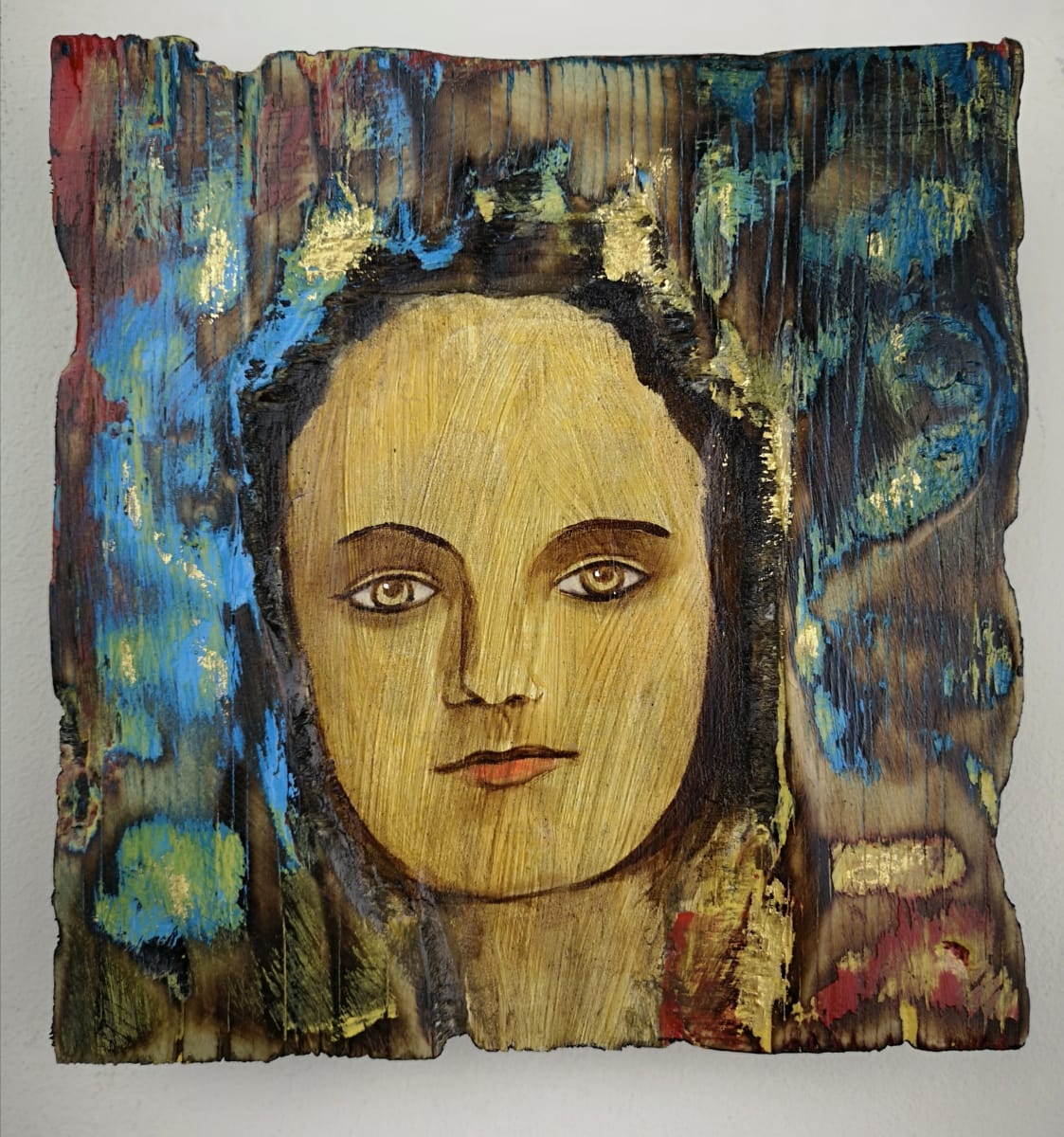 tema-icon 163 by Tessa Thonett  Image: Thonett Icon Painting 163. Collaboration work between Markus Thonett (background in mixed media) and Tessa Thonett (face in oils)