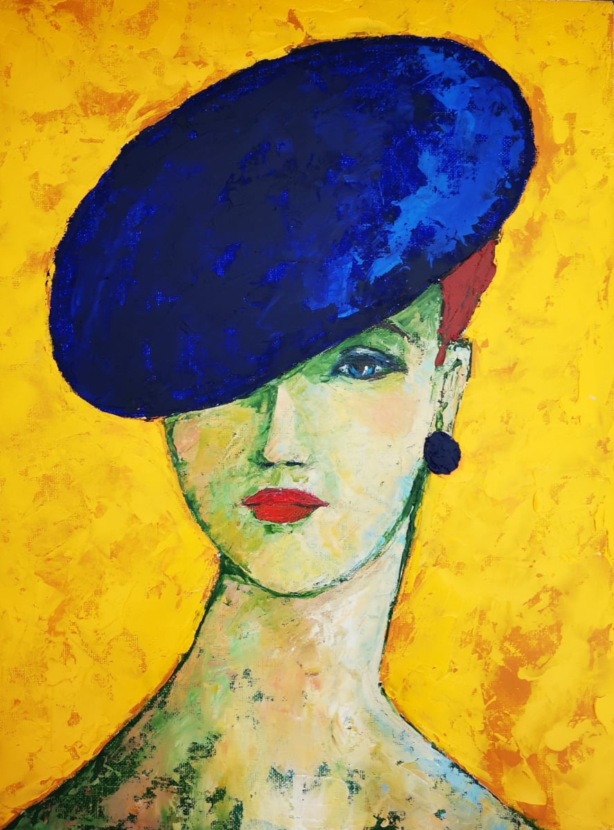 Blue Hat by Tessa Thonett  Image: I love faces and have been painting faces that are not of anyone in particular, while experimenting with colour and design.