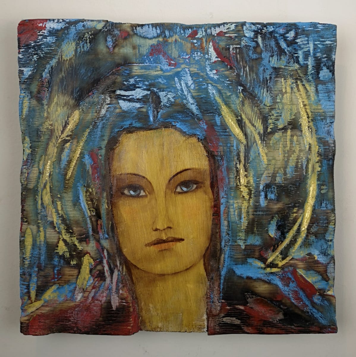 tema-icon 131 by Tessa Thonett  Image: Thonett Icon Painting 131. Collaboration work between Markus Thonett (background in mixed media) and Tessa Thonett (face in oils)