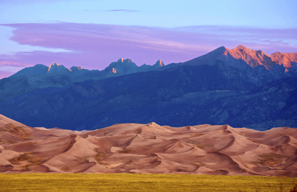 Crestone and Cleveland Peaks Sunrise by Rodney Buxton Artwork Archive