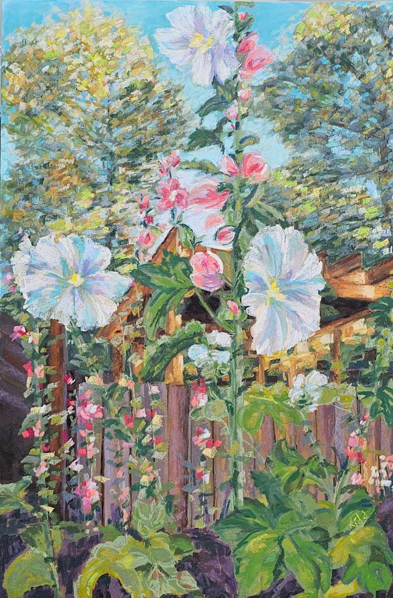 White Hollyhocks In Old Town, NM by HEIDI KIDD 