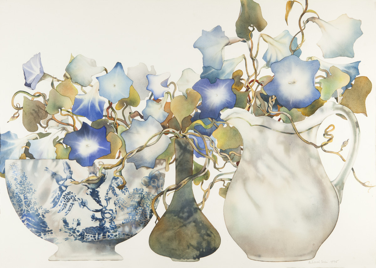 Morning Glories in Blue and White Bowl with White Jug by Deborah Ellis 