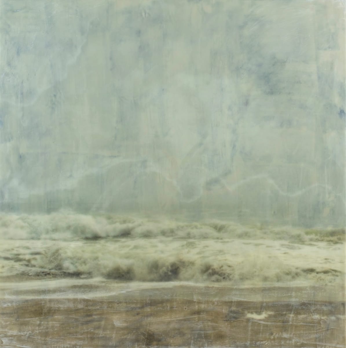Drizzling by Deborah Llewellyn  Image: 35" x 35" Photo Encaustic on wood panel.  
Original photograph taken on Nantucket as a hurricane was approaching.   I manipulated the image and was printed on archival paper.  I then layer on encaustic medium and oils to create layers and depth.  