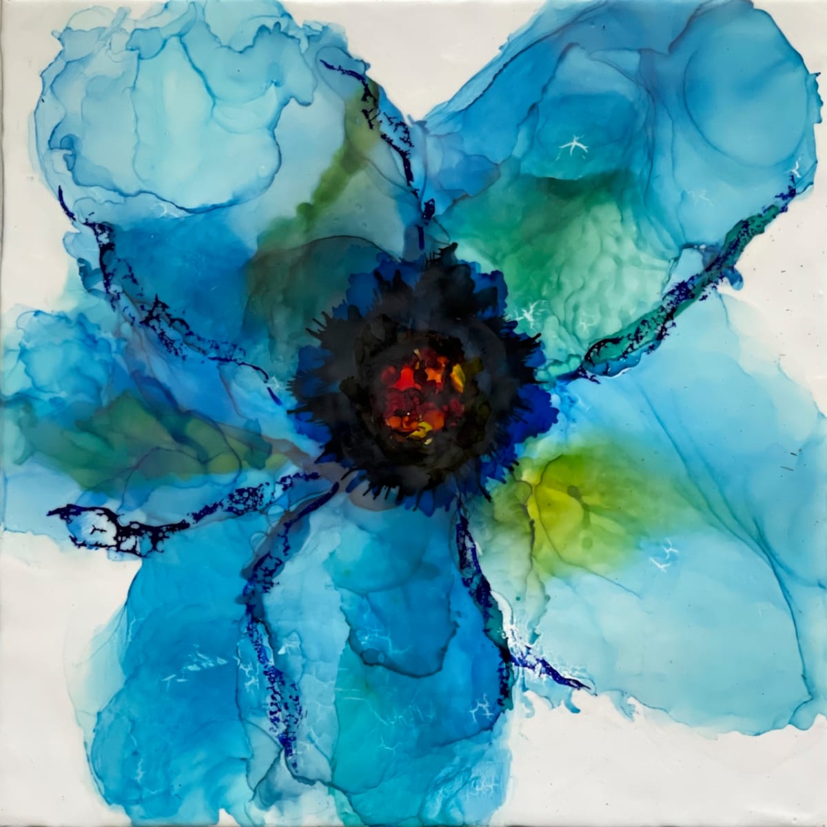 Poppy Blue by Deborah Llewellyn  Image: 18"x18" - mixed media & encaustic on wood panel