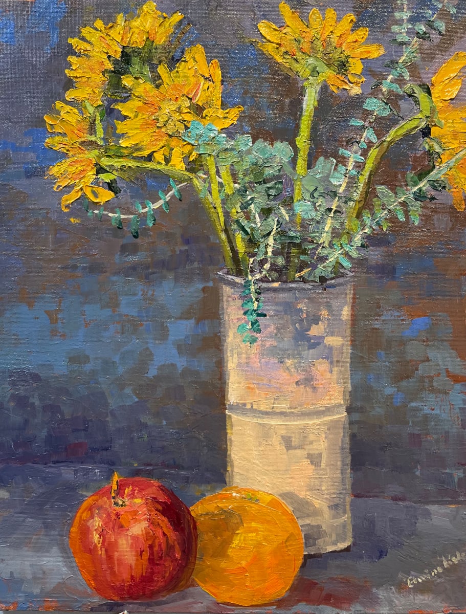 Sunflowers with apple & orange by Elaine Lisle 