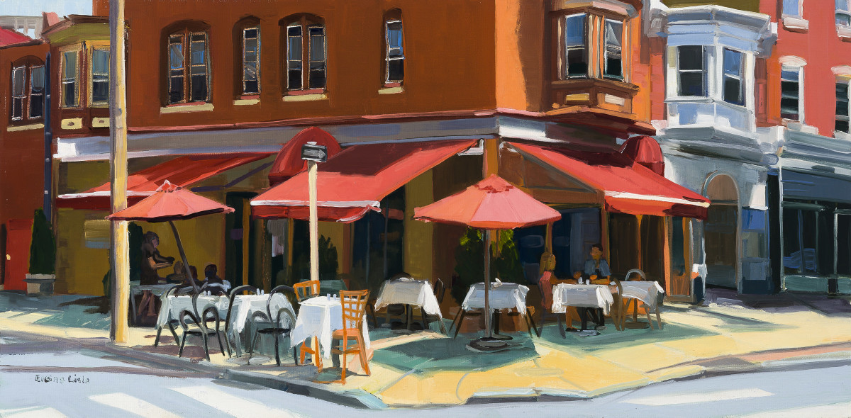 Red Umbrellas on the Corner by Elaine Lisle 