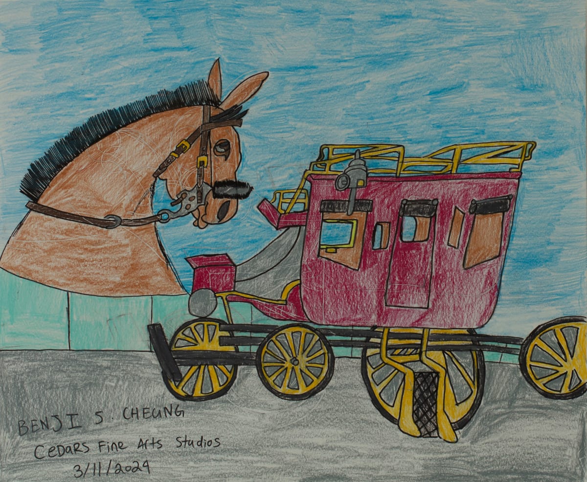 Galloping Horse, Carriage Strolling Through Town by Benji Cheung 