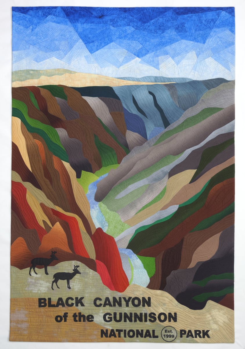 Paths Seldom Traveled by Vicki Conley  Image: Art Quilt of Black Canyon of the Gunnison designed in the style of the historic national park posters.