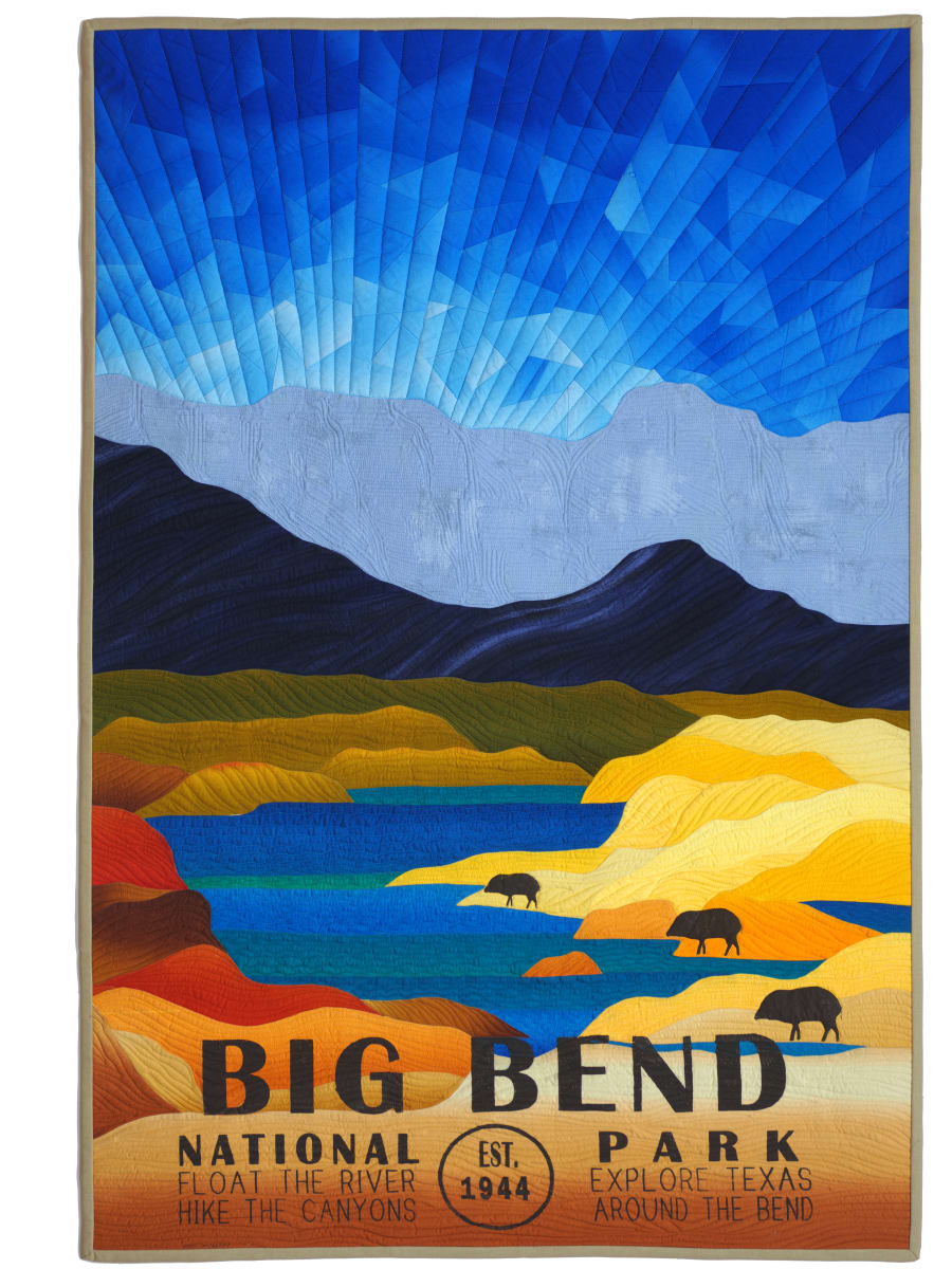Around the Bend by Vicki Conley  Image: Around the Bend - Art quilt designed in the style of the historic national park posters.