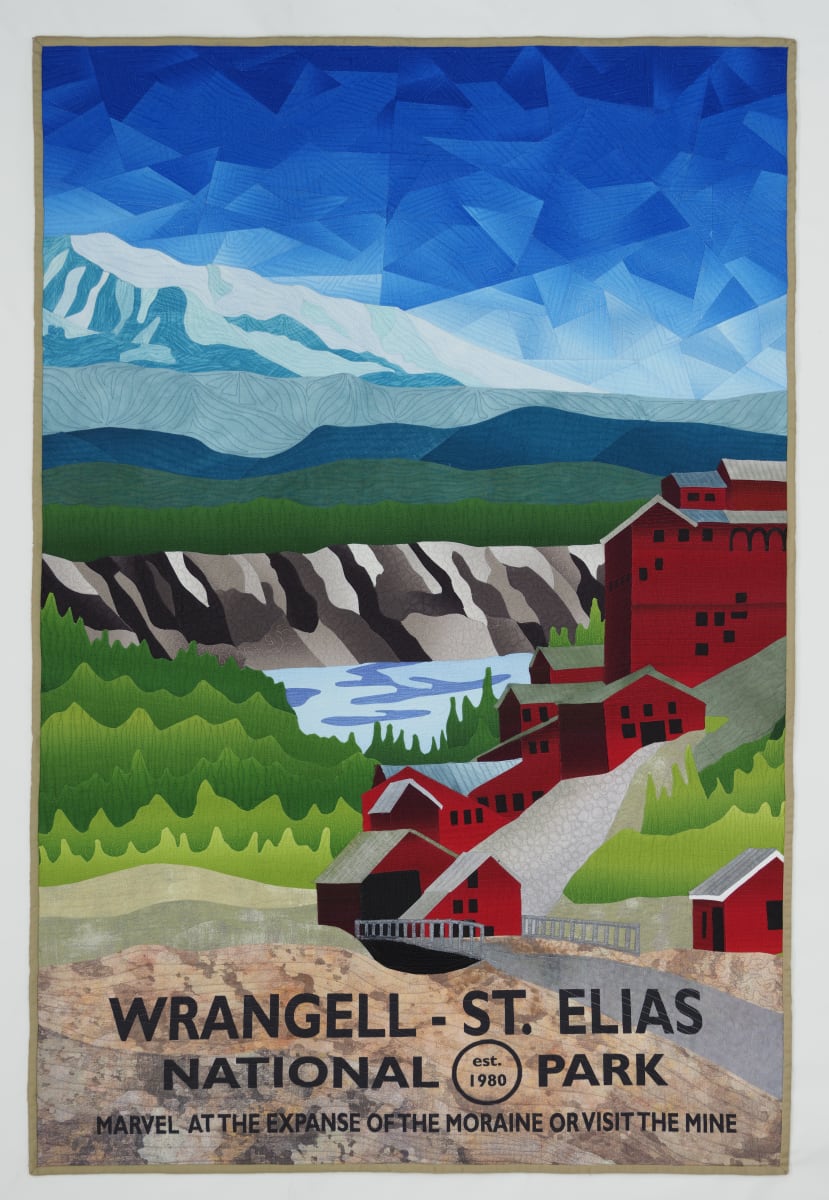 The Biggest Park by Vicki Conley  Image: Art quilt of Wrangell-St. Elias National Park designed in the style of the historic national park posters.