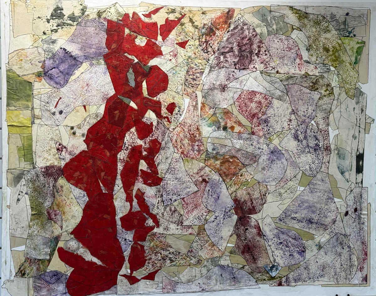 They Dance Alone (after Sting) by Peter Anderson  Image: A layered composition of torn papers, pigment, and translucent texture, They Dance Alone translates the grief and endurance of Sting’s elegy for the women of Chile into abstract visual rhythm. Red forms move like dancers across muted fields, embodying both sorrow and strength. Part of The Condition of Music series, the work explores how color and gesture can echo melody — turning silence into rhythm, mourning into motion, and absence into harmony.