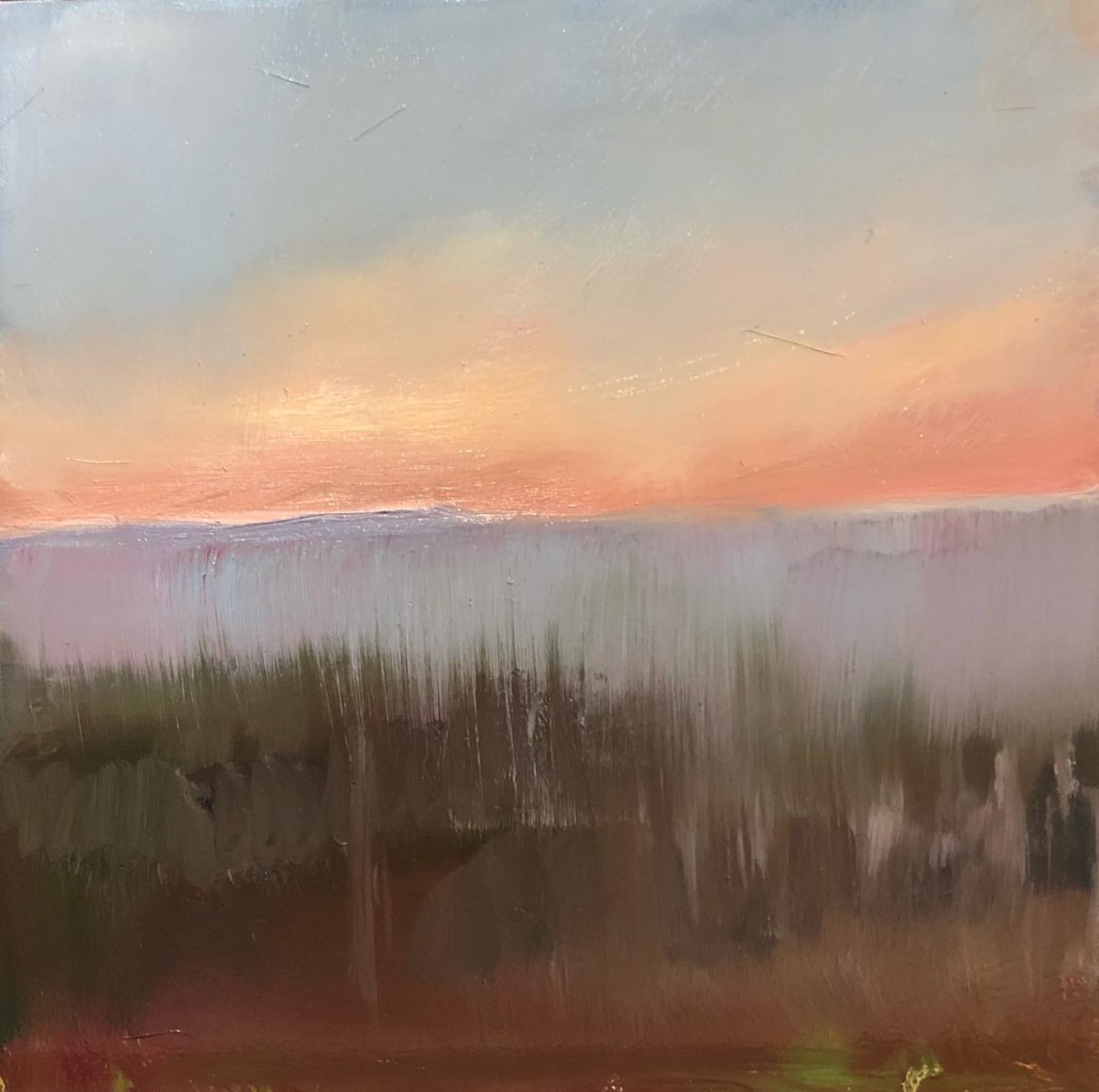 small scape-low country #4 by Rebecca Jacob  Image: Scape Sketch Collection-special places on my journey of life

scape sketch-low country #4

6x6 oil on ampersand museum gesso panel 2022

This painting was inspired by the views of the marshlands in the low country of South Carolina.