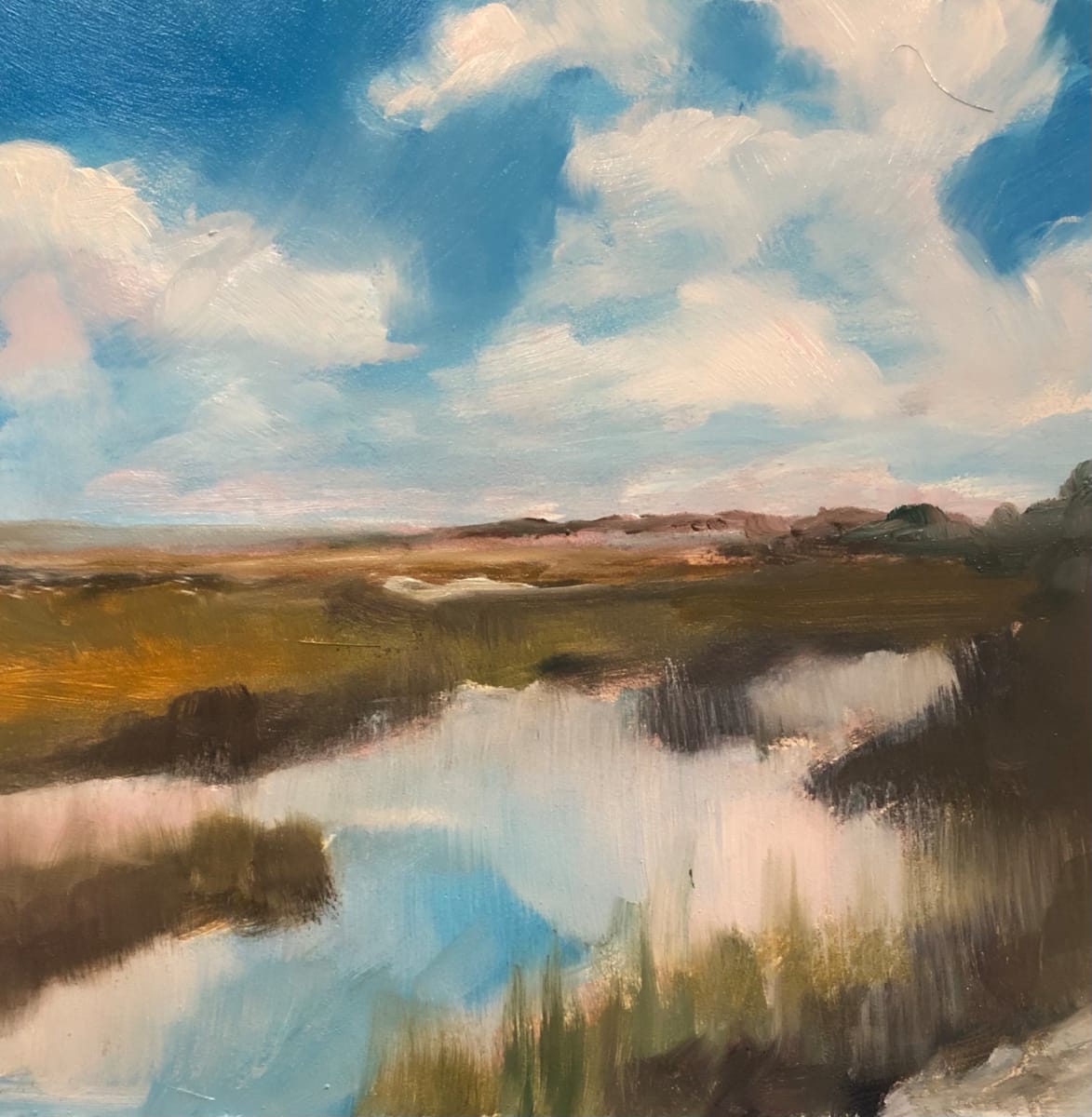 small scape-low country #12 by Rebecca Jacob  Image: Scape Sketch Collection-special places on my journey of life

scape sketch-low country #12

6x6 oil on ampersand museum gesso panel 2022

This painting was inspired by the views of the marshlands in the low country of South Carolina.