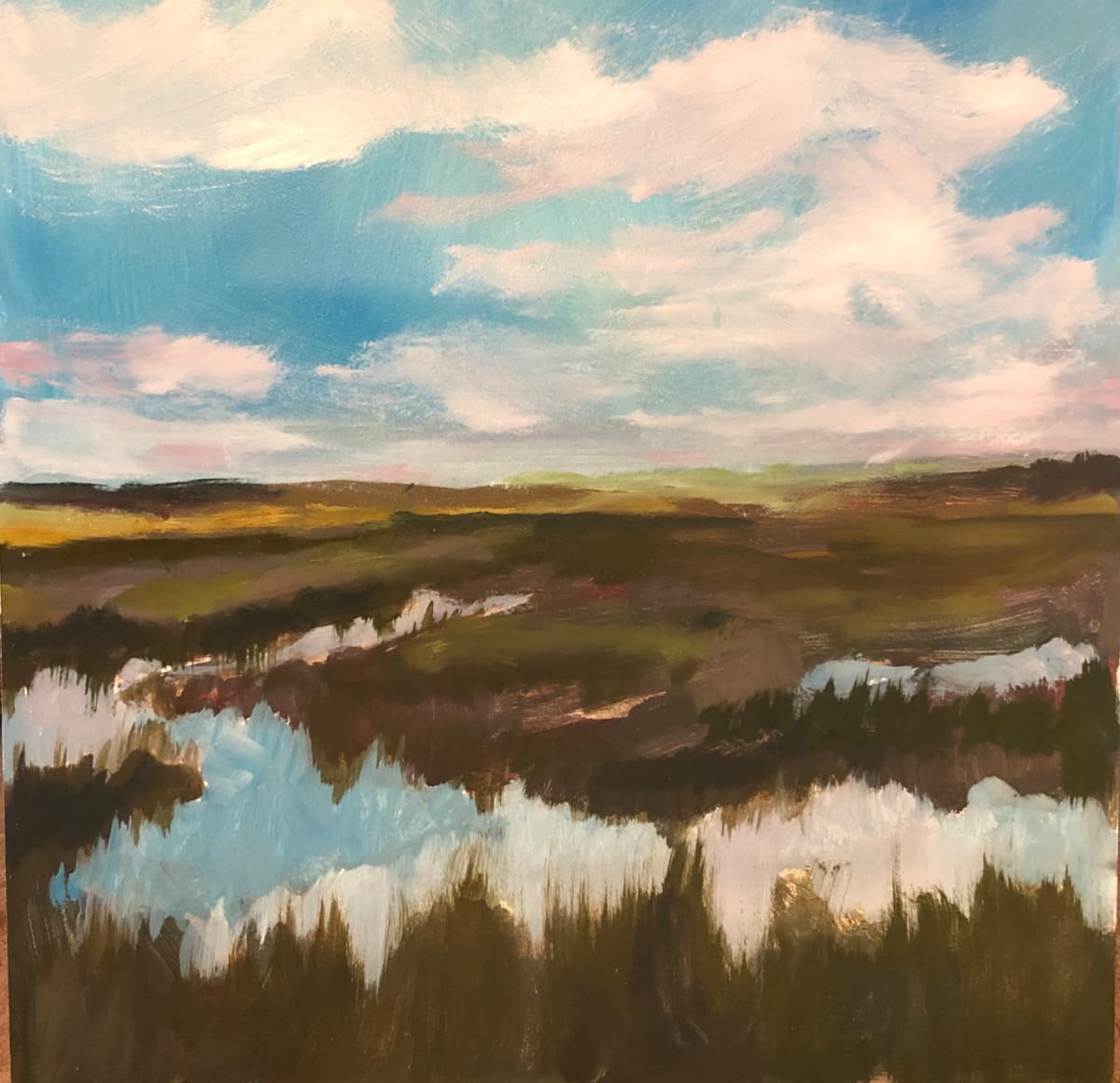 small scape-low country #11 by Rebecca Jacob  Image: Scape Sketch Collection-special places on my journey of life

scape sketch-low country #11

6x6 oil on ampersand museum gesso panel 2022

This painting was inspired by the views of the marshlands in the low country of South Carolina.
